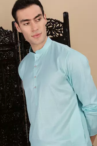 Sea green cotton textured kurta for mens