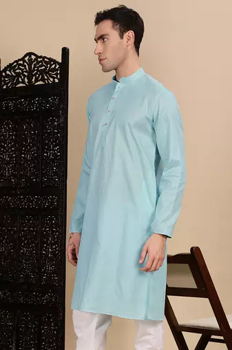 Sea green cotton textured kurta for mens