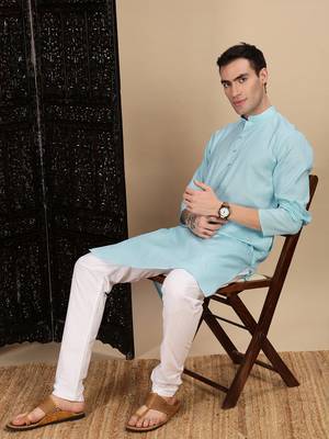Sea green cotton textured kurta for mens 5