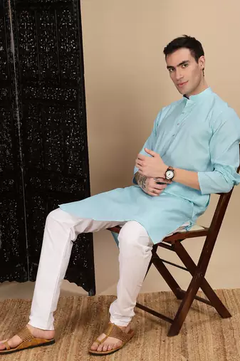 Sea green cotton textured kurta for mens