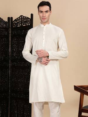 Cream cotton textured kurta for mens 1