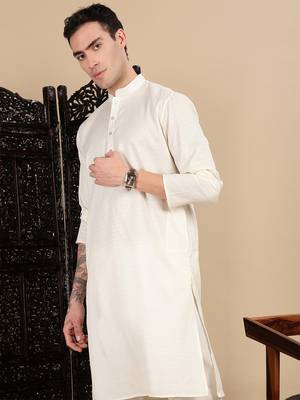 Cream cotton textured kurta for mens 2