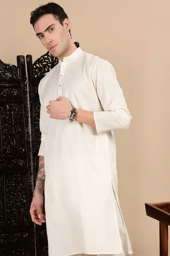Cream cotton textured kurta for mens