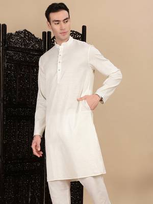 Cream cotton textured kurta for mens 3