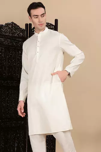 Cream cotton textured kurta for mens