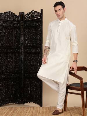 Cream cotton textured kurta for mens 5