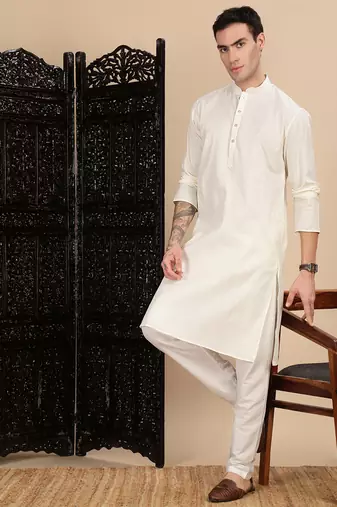 Cream cotton textured kurta for mens