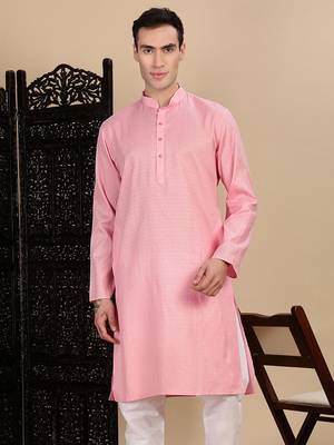 Light pink cotton textured kurta for mens 1