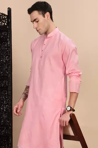 Light pink cotton textured kurta for mens
