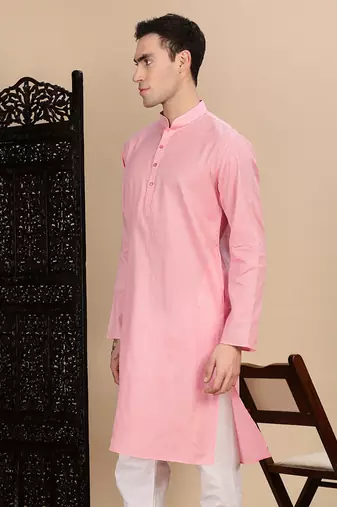 Light pink cotton textured kurta for mens