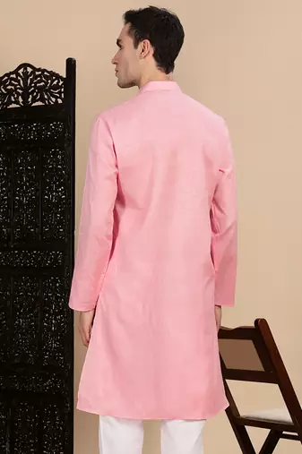 Light pink cotton textured kurta for mens
