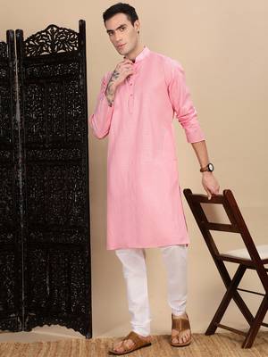 Light pink cotton textured kurta for mens 5