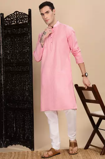 Light pink cotton textured kurta for mens