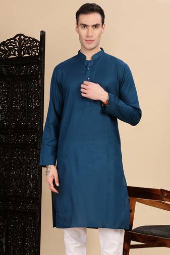 Blue cotton textured kurta for mens