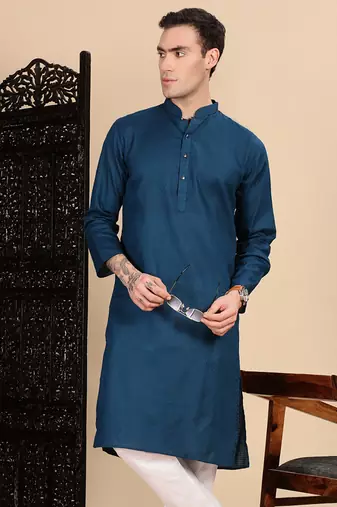 Blue cotton textured kurta for mens