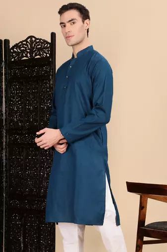 Blue cotton textured kurta for mens