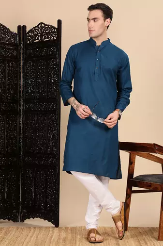 Blue cotton textured kurta for mens