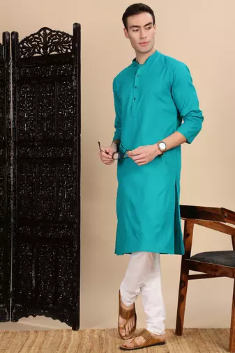 Ses green cotton textured kurta for mens