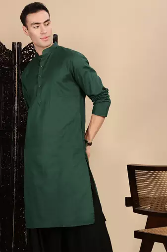 Deep green cotton textured kurta for mens