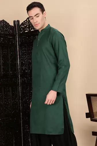 Deep green cotton textured kurta for mens