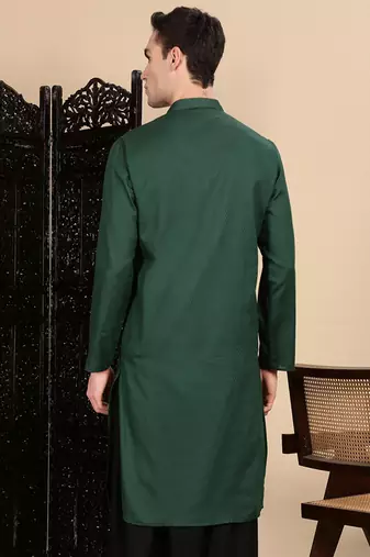 Deep green cotton textured kurta for mens