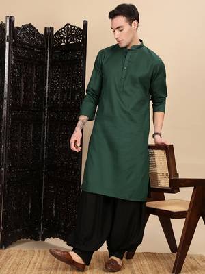 Deep green cotton textured kurta for mens 5