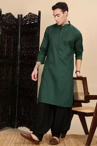 Deep green cotton textured kurta for mens