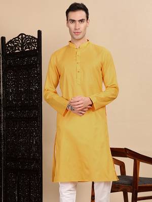 Mustard cotton textured kurta for mens 1