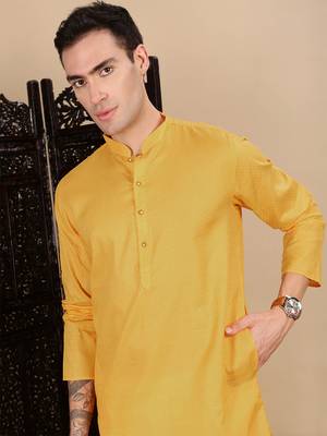 Mustard cotton textured kurta for mens 2