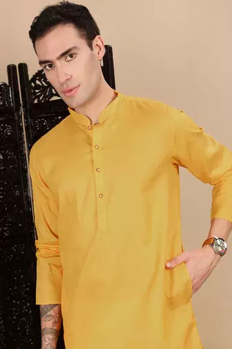 Mustard cotton textured kurta for mens