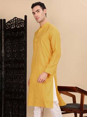 Mustard cotton textured kurta for mens 3