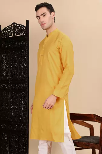 Mustard cotton textured kurta for mens