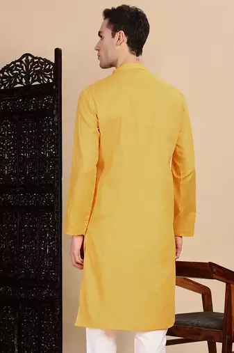 Mustard cotton textured kurta for mens