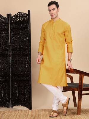 Mustard cotton textured kurta for mens 5