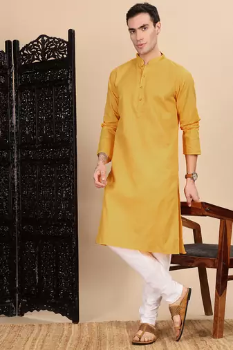 Mustard cotton textured kurta for mens