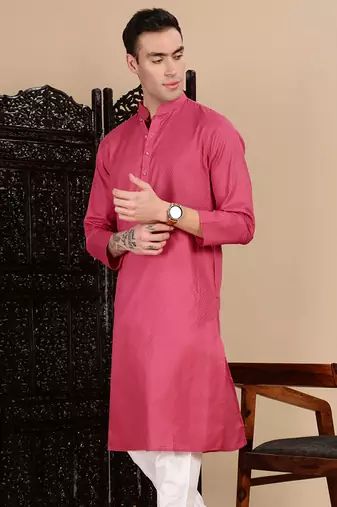 Pink cotton textured kurta for mens