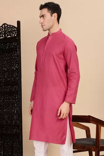 Pink cotton textured kurta for mens