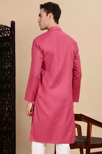 Pink cotton textured kurta for mens