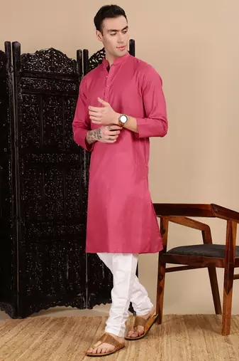 Pink cotton textured kurta for mens