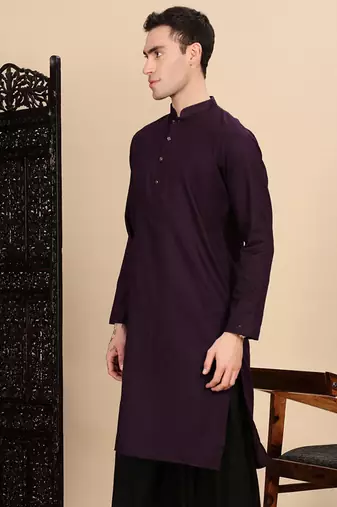 Purple cotton textured kurta for mens