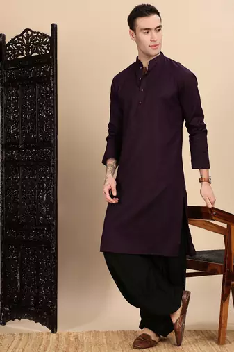 Purple cotton textured kurta for mens