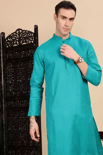 Sea green cotton textured kurta for mens