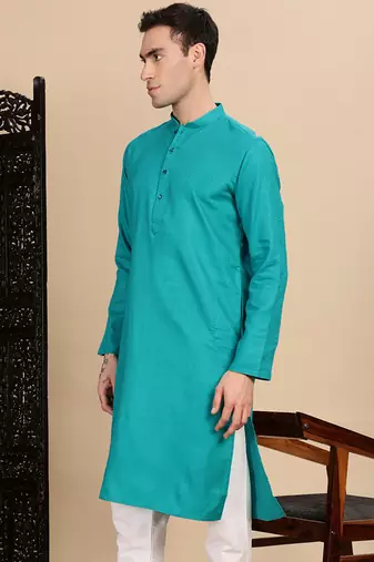 Sea green cotton textured kurta for mens