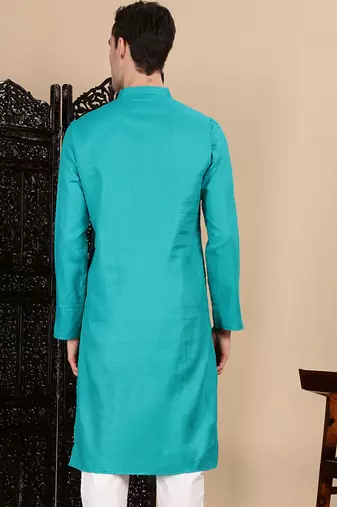 Sea green cotton textured kurta for mens