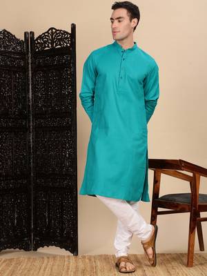 Sea green cotton textured kurta for mens 5
