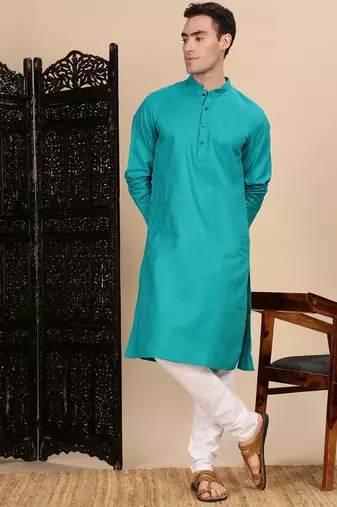 Sea green cotton textured kurta for mens