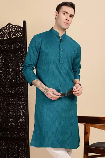 Firozi cotton textured kurta for mens