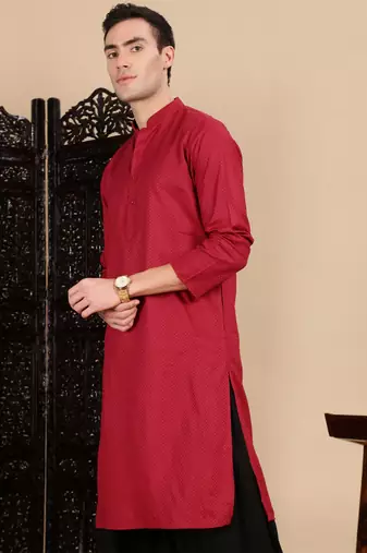 Maroon cotton textured kurta for mens