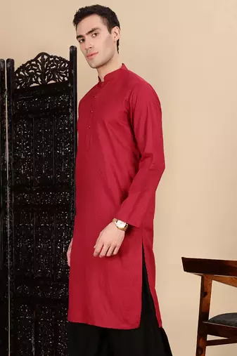 Maroon cotton textured kurta for mens