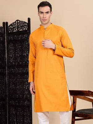 Mustard cotton textured kurta for mens 1